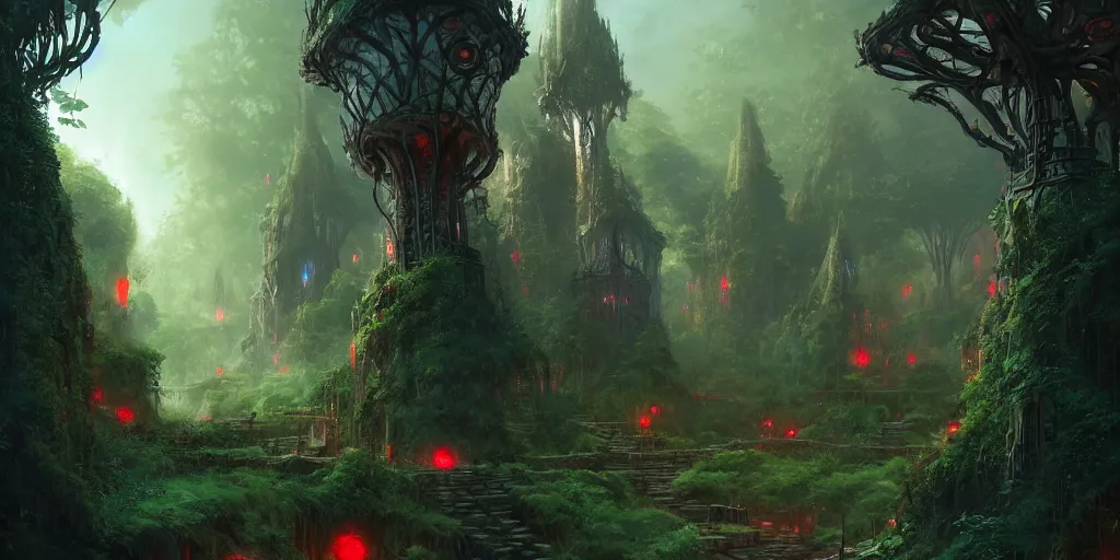 Prompt: Elven city hidden inside a lush dense forest, celtic architecture, red crystals glowing at the lamp posts. In style of Hyung-tae Kim, Greg Rutkowski and Larry Elmore, concept art, trending on ArtStation, Korean MMORPG, over-detailed art, 8K, epic, dynamic lightning, scenery, .
