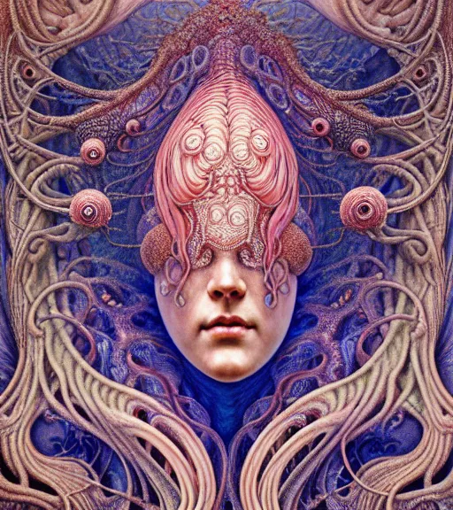 Image similar to detailed realistic beautiful coral reef goddess face portrait by jean delville, gustave dore, iris van herpen and marco mazzoni, art forms of nature by ernst haeckel, art nouveau, symbolist, visionary, gothic, neo - gothic, pre - raphaelite, fractal lace, intricate alien botanicals, ai biodiversity, surreality, hyperdetailed ultrasharp octane render