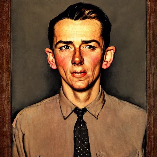 Prompt: Full face portrait of a 1950's leftwing outlaw, by Norman Rockwell.