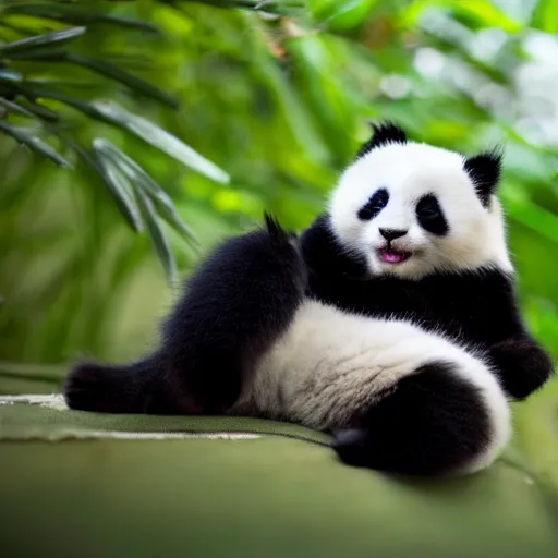 Image similar to cute kitten with panda body, eats bambus, highly detailed, sharp focus, photo taken by nikon, 4 k