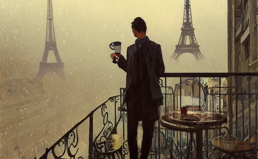 Image similar to elegant man drinking coffee at balcony in france, city with detailed eiffel tower seen behind, late night raining, highly detailed characters, by greg rutkowski, alphonse mucha, beeple, sharp focus, digital art, smooth, light refraction, pixiv art, volumetric lighting