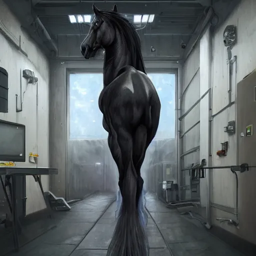 Image similar to a enormously muscled black - coated anthro horse supersoldier with long white hair wearing tactical kevlar fabric in a research facility, exaggerated muscle physique, highly detailed, furry, furaffinity, digital painting, artstation, sharp focus, smooth, concept art, illustration, art by artgerm, greg rutkowski, makoto shinkai