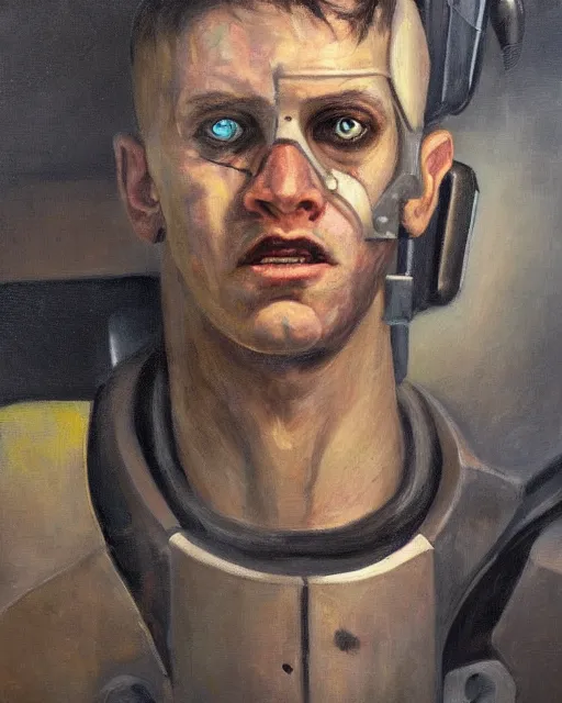 Image similar to sweet interesting portrait of a scared cyborg man, oil painting. HD