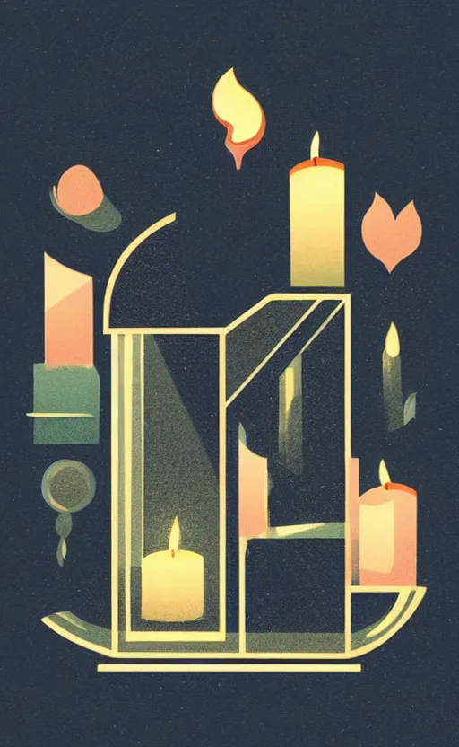 Image similar to illustration with beautiful scented candles, close - up photo in cozy interior, candle lighting, shadow play, light refraction, mirror, glowing, an art deco painting by tom whalen, trending on behance, art deco, digital illustration, storybook illustration, grainy texture, flat shading, vector art, airbrush, pastel, watercolor, poster