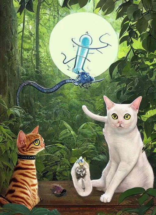 Image similar to a hyper realistic cat meeting an alien. and sunbeams blue sky, lush forest foliage painting by chiara bautista and norman rockwell and greg rutkowski weta studio, and lucasfilm