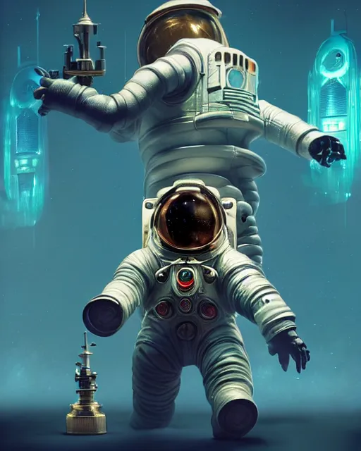 Prompt: bioshock action game astronaut by artgerm, greg rutkowski, alphonse mucha, cgsociety and beeple highly detailed, sharp focus, cinematic lighting, illustration, art, octane render, unreal engine lumen, very coherent. cinematic, hyper realism, high detail, octane render, 8 k