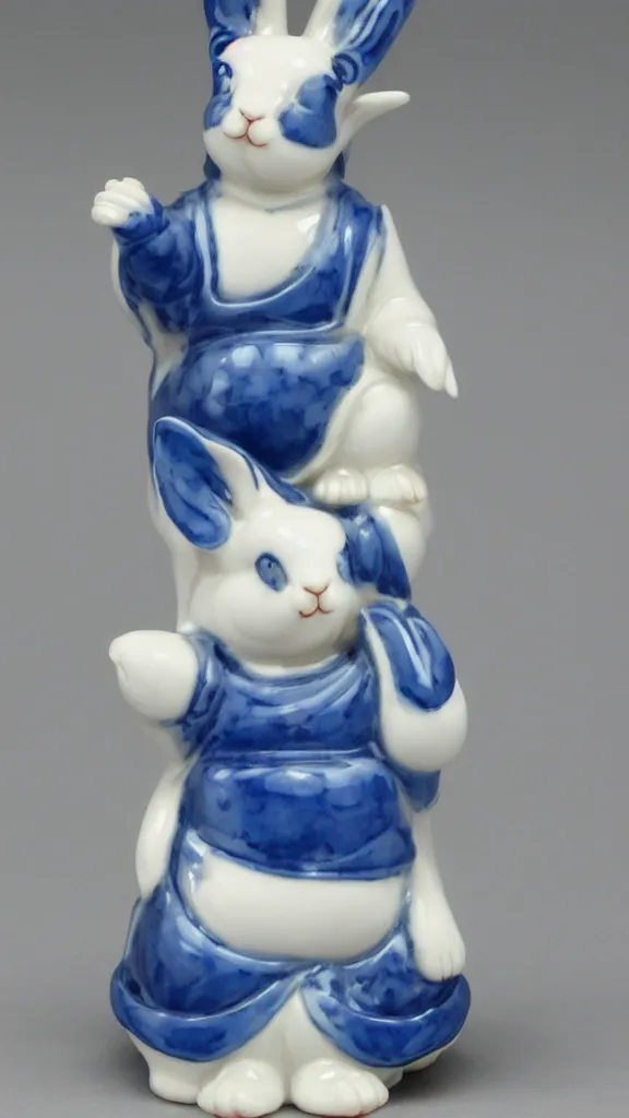 Image similar to porcelain rabbit head budda statue with blue arabesque details get a japanese kiseru in her hand painted by john singer sargent