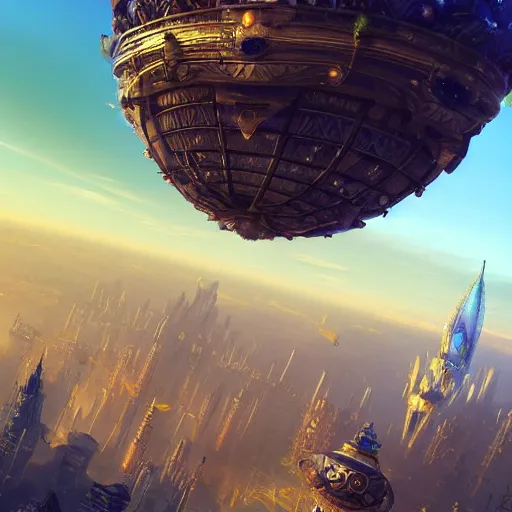 Image similar to enormous flying city in a gigantic faberge egg, sky, steampunk, floating islands, fantasy art, unreal engine,