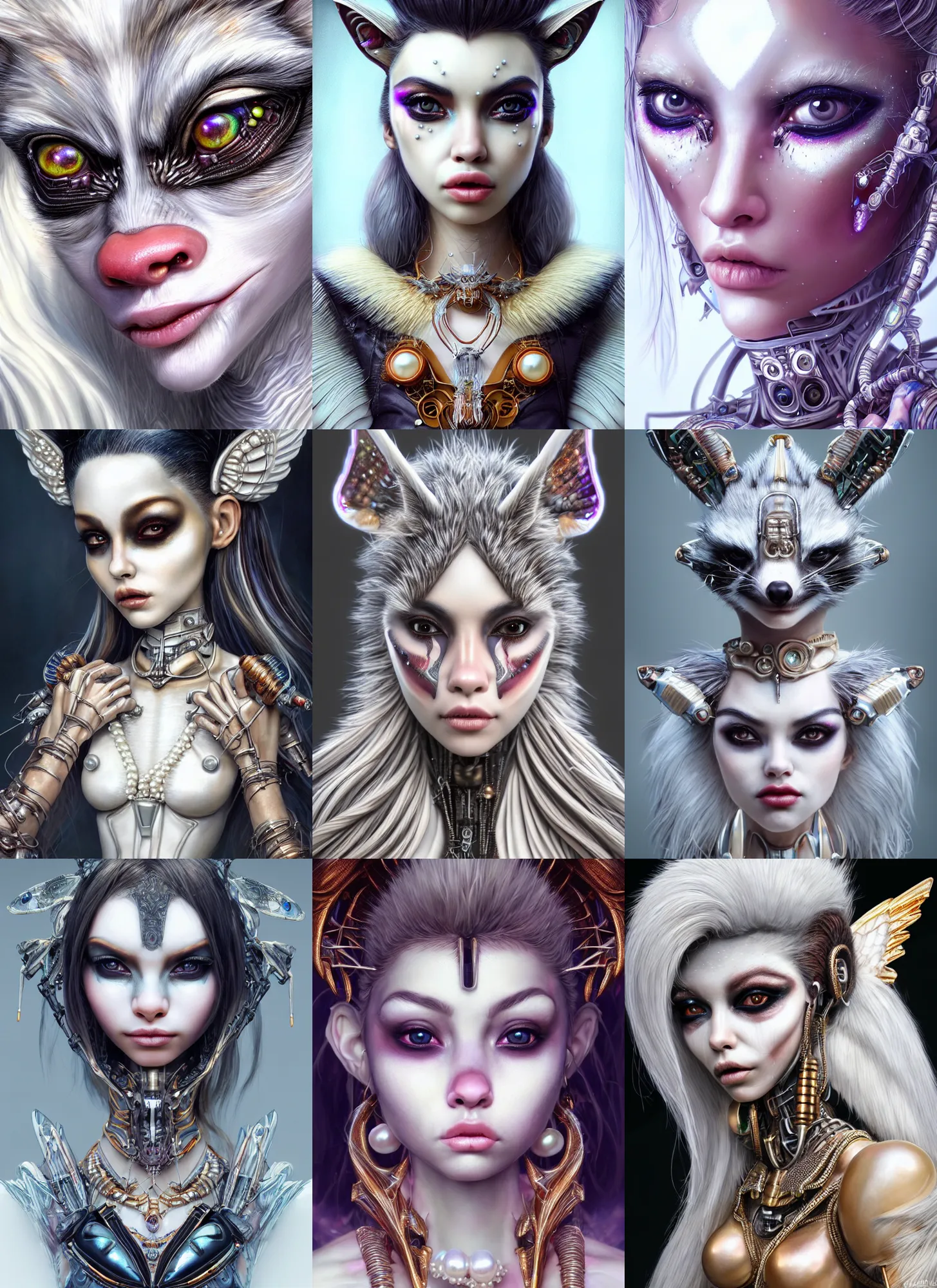 Prompt: ultra realistic weta portrait, beautiful porcelain white honey clowncore pearl oled raccoon angel madison beer cyborg woman with elaborate jewelry, sci - fi, fantasy, cyberpunk, intricate, elegant, highly detailed, digital painting, ever after high, octane render, artstation, concept art, smooth, sharp focus, illustration, soaked, art by artgerm and loish and wlop