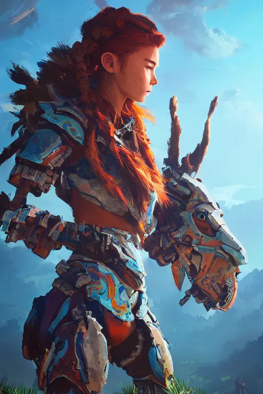 Image similar to combination suit armor aloy horizon forbidden west horizon zero dawn radiating a glowing aura global illumination ray tracing hdr fanart arstation by ian pesty and alena aenami artworks in 4 k tribal robot ninja mask helmet backpack