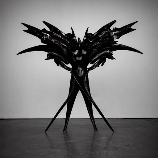 Prompt: “brutalist black metal winged abstract sculpture made of glossy black liquid latex and industrial hardware, sharp irregular shapes, designed by helmut lang, hr giger, rick owens, andrei tarkovsky, 8k hyperrealistic, hyper-detailed, highly textured, dark volumetric lighting, fine details” —H 1084 —n 8 —s 150