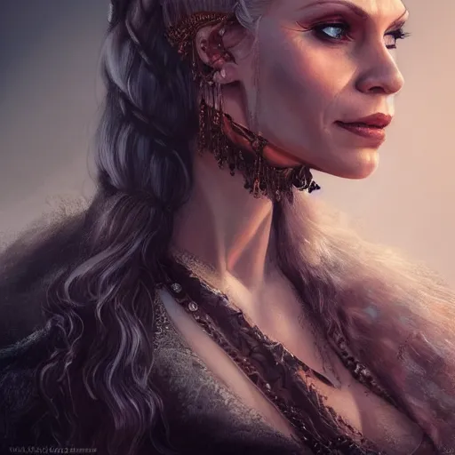 Prompt: myanna buring as tissaia de vries from the witcher show, urban motifs, intricate, elegant, highly detailed, digital painting, trending on artstation, concept art, smooth sharp focus, illustration, art by artgerm and greg rutkowski