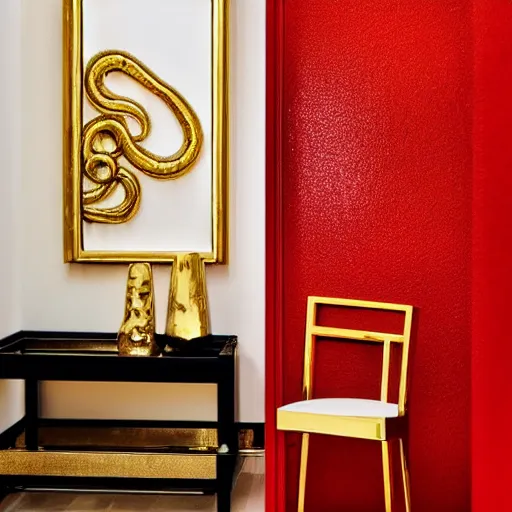 Image similar to a red chair, surrounded by sinuous gold tools, at the end of a black reflective marble hallway