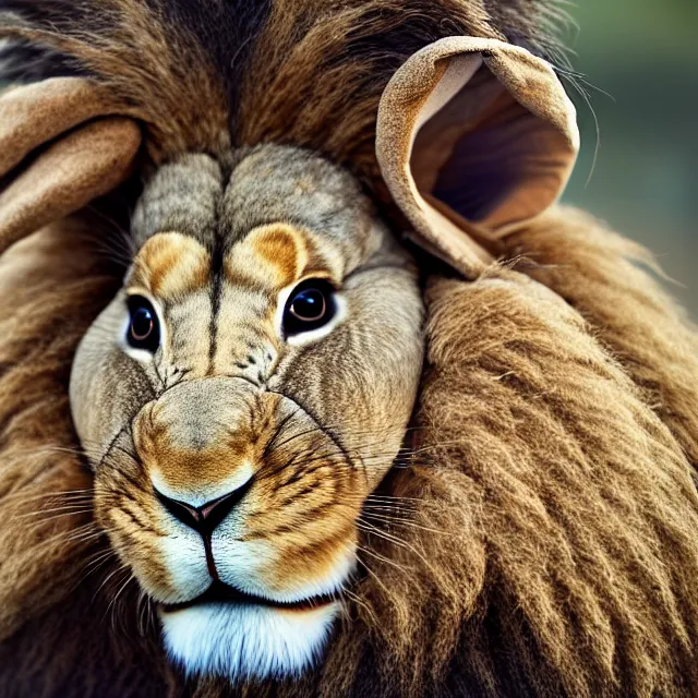 Image similar to a cross between a rabbit and a lion, rabbit - lion, rabbit with a lion's mane, glorious, high quality, 4 k, 8 k, photography, cute photograph, f / 1 6, 3 5 mm, award - winning photography, soft lighting