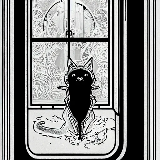 Image similar to an art nouveau cat wearing a hooded cloak, in an elevator with neon panelling, by moebius and james gurney