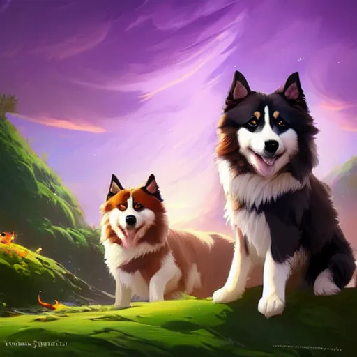 Prompt: two finnish lapphunds, one brown tan domino one black white markings, pointy ears, fanart ornate fantasy ori and the blind forest cover style official behance hd artstation by jesper ejsing, by rhads, makoto shinkai and lois van baarle, ilya kuvshinov, rossdraws pastel vibrant
