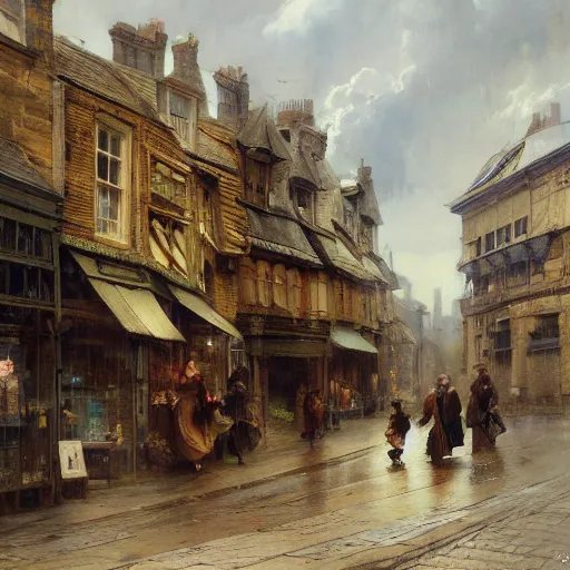 Prompt: jean-Baptiste Monge and Solomon Joseph Solomon and Richard Schmid and Jeremy Lipking victorian genre painting painting of an english 19th century english stone city streat with shops and stores