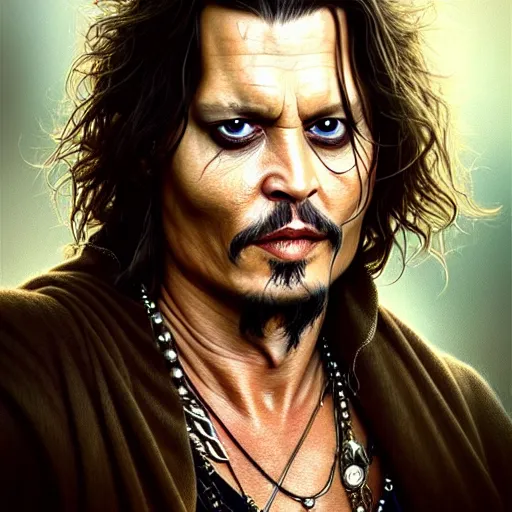 Image similar to wideangle!! portrait shot johnny depp dressed as aragorn, intricate, elegant, highly detailed, centered, digital painting, artstation, concept art, smooth, sharp focus, illustration, artgerm, tomasz alen kopera, peter mohrbacher, donato giancola, joseph christian leyendecker, wlop, boris vallejo