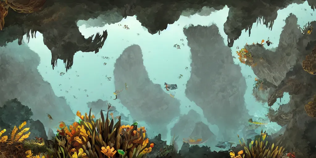 Prompt: vietnamese sunken cave scene, 2 d game art background, level design, muted colors, in style of lam manh