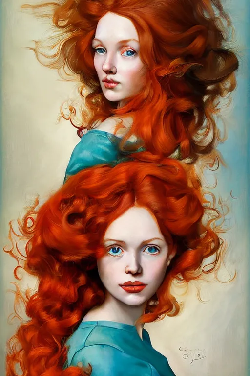 Image similar to hyper realistic painting portrait of a redhead girl with flowing curls and closed eyes, orange subject and turquoise background, hyper detailed face by stjepan sejic, by norman rockwell, by michael hussar, by roberto ferri, by ruan jia, textured turquoise background