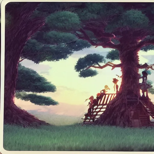 Prompt: Polaroid of The Tree house battle, by Dice Tsutsumi, Makoto Shinkai, Studio Ghibli