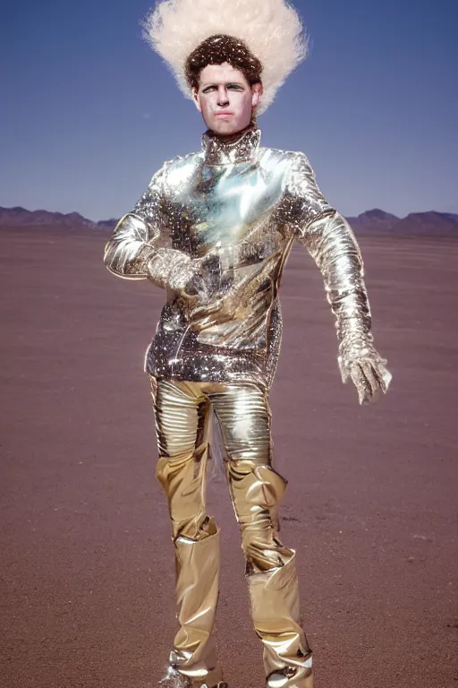 Image similar to portrait davis taylor brown dressed in 1 9 8 1 space fantasy fashion, avante garde, shiny metal, standing in a desert