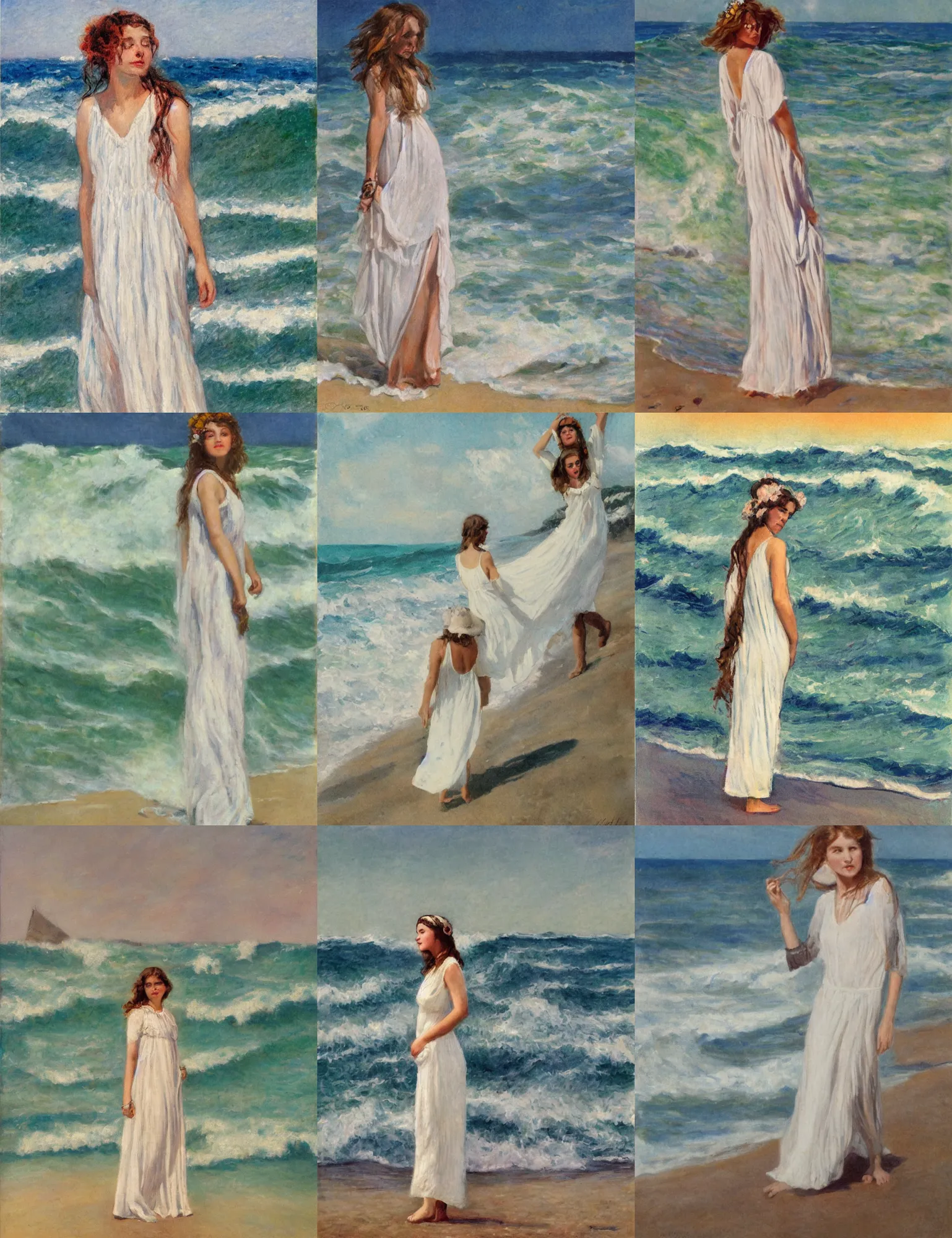 Prompt: artistic portrait of pretty hippie girl in white maxi dress on the evening beach, stromy sea and big wave 1910s