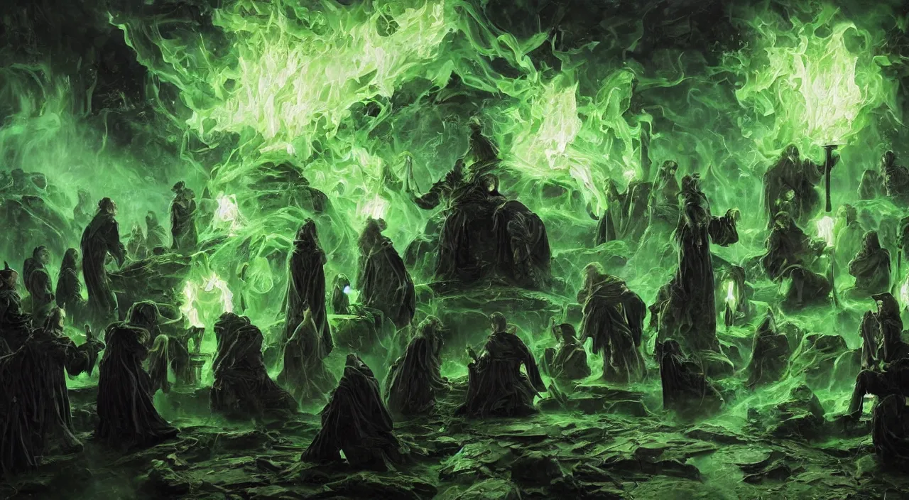 Image similar to A highly detailed oil painting by Greg Rutkowski of a group of sorcerers wearing black robes making a potion in a huge bubbling cauldron glowing bright green, with lots of fire coming from it, highly detailed fantasy concept artwork, very realistic, green and black color scheme, graffiti.