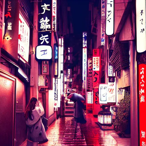 Prompt: japan narrow street with neon signs and a girl with umbrella wearing techwear, digital art, sharp focus, wlop, artgerm, beautiful, award winning,