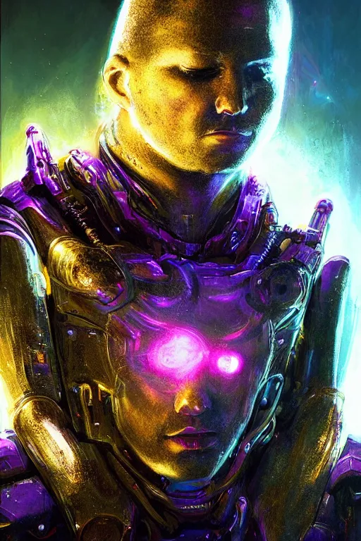 Prompt: portrait sci-fi art by Moebius and Ruan Jia and Joao Silva, a glowing alien liquid metal orb floating above the hand of a soldier, solar flares, futuristic environment, detailed and intricate environment, fractal biomech, cyberpunk, neon color, purple bioluminescence, gold and black metal, dramatic lighting, cinematic, high technology, highly detailed portrait, digital painting, artstation, concept art, smooth, sharp focus, ilustration, Artstation HQ