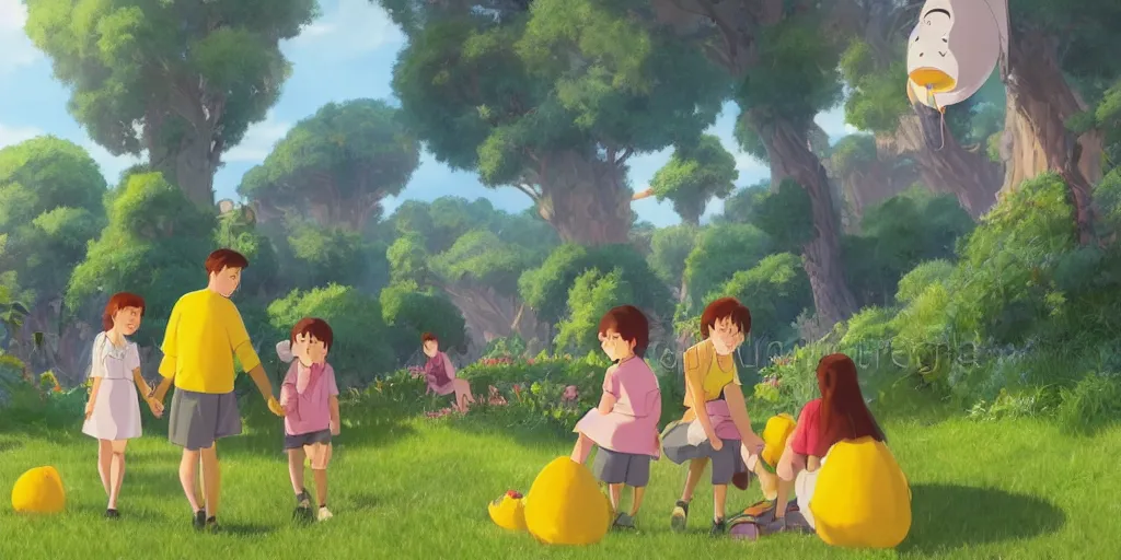 Image similar to wholesome illustration of a family of lemons enjoying a day at the park, Studio Ghibli, Pixar and Disney animation, sharp, Rendered in Unreal Engine 5, art by Greg Rutkowski, Bloom, dramatic lighting, sunny day