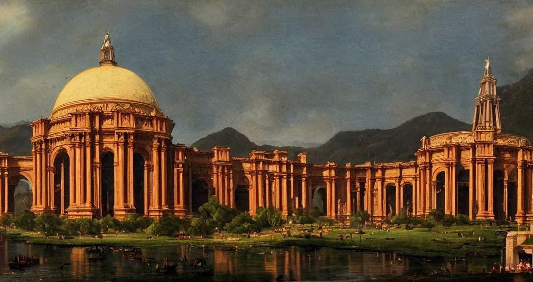 Prompt: ''the san francisco palace of fine arts during the panama pacific world fair, romantic era painting, majestic''