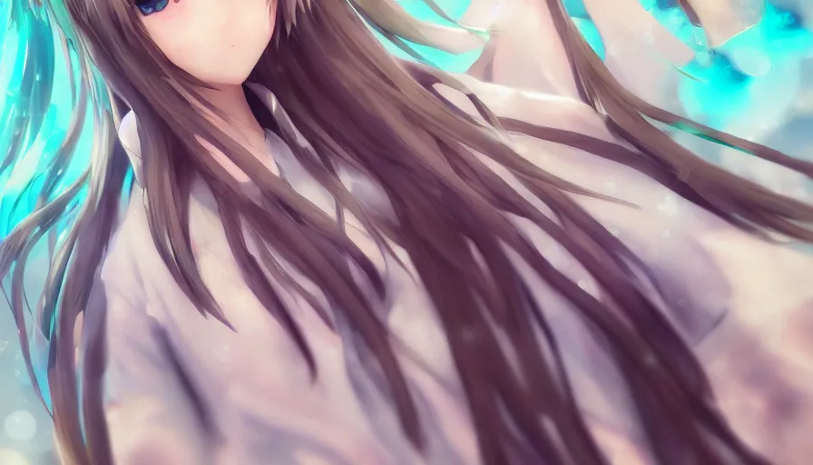 Image similar to cute anime girl by wlop, detailed eyes, heterochromia, bright eyes, full body shot, happy expression, short minidress, light clothing, light rain, hyper real, detailed digital art, hatsune miku, photorealistic