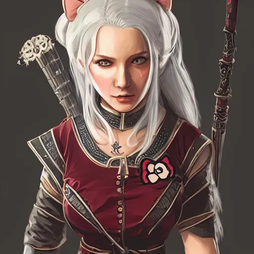 Image similar to Hello Kitty as a Witcher, by Stanley Artgerm Lau, WLOP, Rossdraws, James Jean, Andrei Riabovitchev, Marc Simonetti, Yoshitaka Amano, ArtStation, CGSociety,