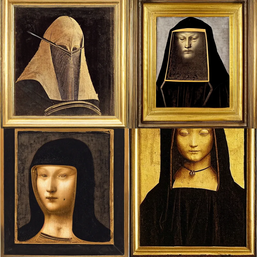 Prompt: a medieval prieat in black robes with a brass mask portrait by leonardo da vinci