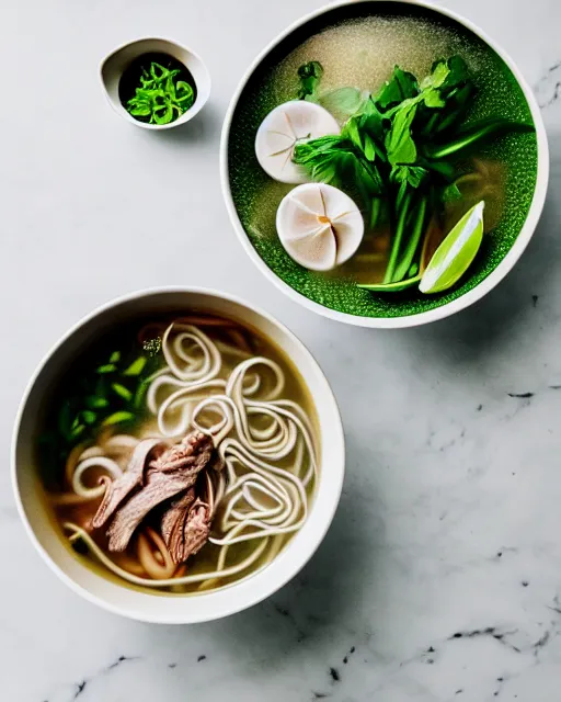 Image similar to realistic photo of delicious pho, bowl, white kitchen table, marble, highly detailed, by louise lister, sara ali, mary devinat, kailee mandel, masterpiece, award winning, food photography