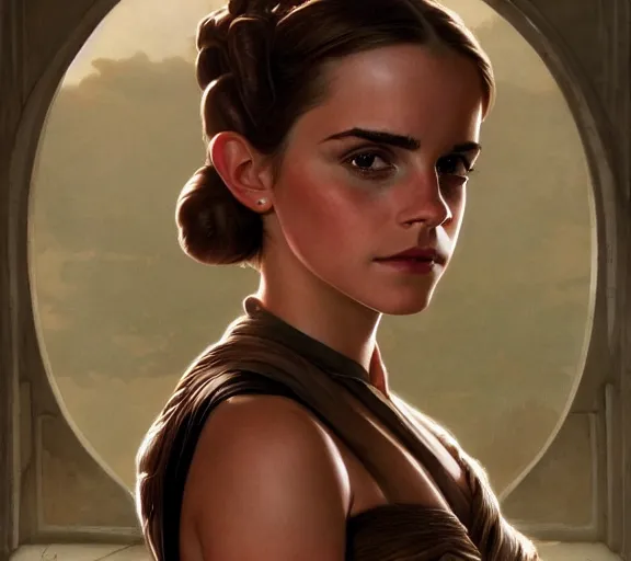 Image similar to photography of a sensual emma watson dressed like princess leia slave girl outfit star wars, deep focus, intricate, elegant, highly detailed, digital painting, artstation, concept art, matte, sharp focus, illustration, art by artgerm and greg rutkowski and alphonse mucha and gil elvgren