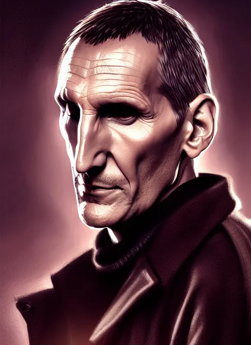 Image similar to portrait of christopher eccleston as the ninth doctor from doctor who, intricate, elegant, glowing lights, highly detailed, digital painting, artstation, concept art, smooth, sharp focus, illustration, art by wlop, mars ravelo and greg rutkowski