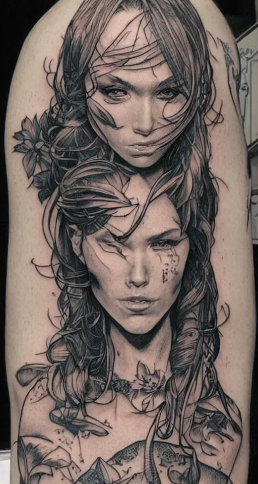 Image similar to a beautiful portrait of a woman with many tattoos, Travis Charest style