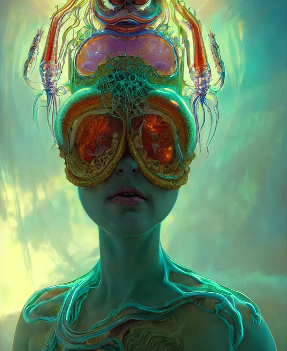 Image similar to ornate colorful transparent portrait of a terrifying beautiful alien sea creature, mottled coloring, adorable, childlike, horror environment, ultra realistic, concept art, art nouveau, photorealistic, octane render, 8 k, unreal engine. art by christopher marley and artgerm and greg rutkowski and alphonse mucha