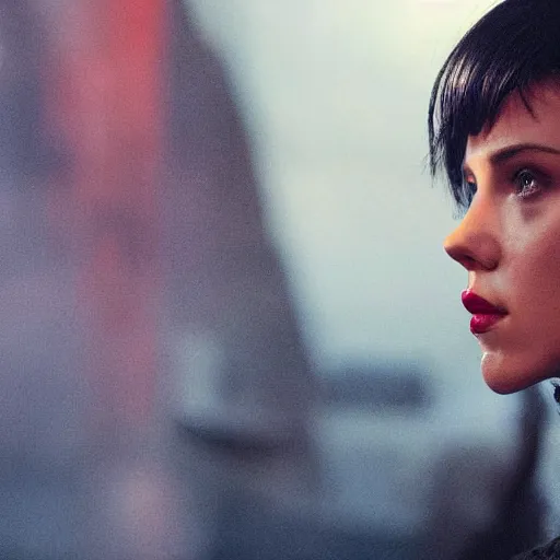 Prompt: a beautiful medium - shot still of scarlett johansson from ghost in the shell looking off into the distance, black hairs with sleek angled bob hairstyle, ultra realistic, soft, blue hour, soft neons light from night city falling on her face. focus on her eyes and brows. by annie leibowitz