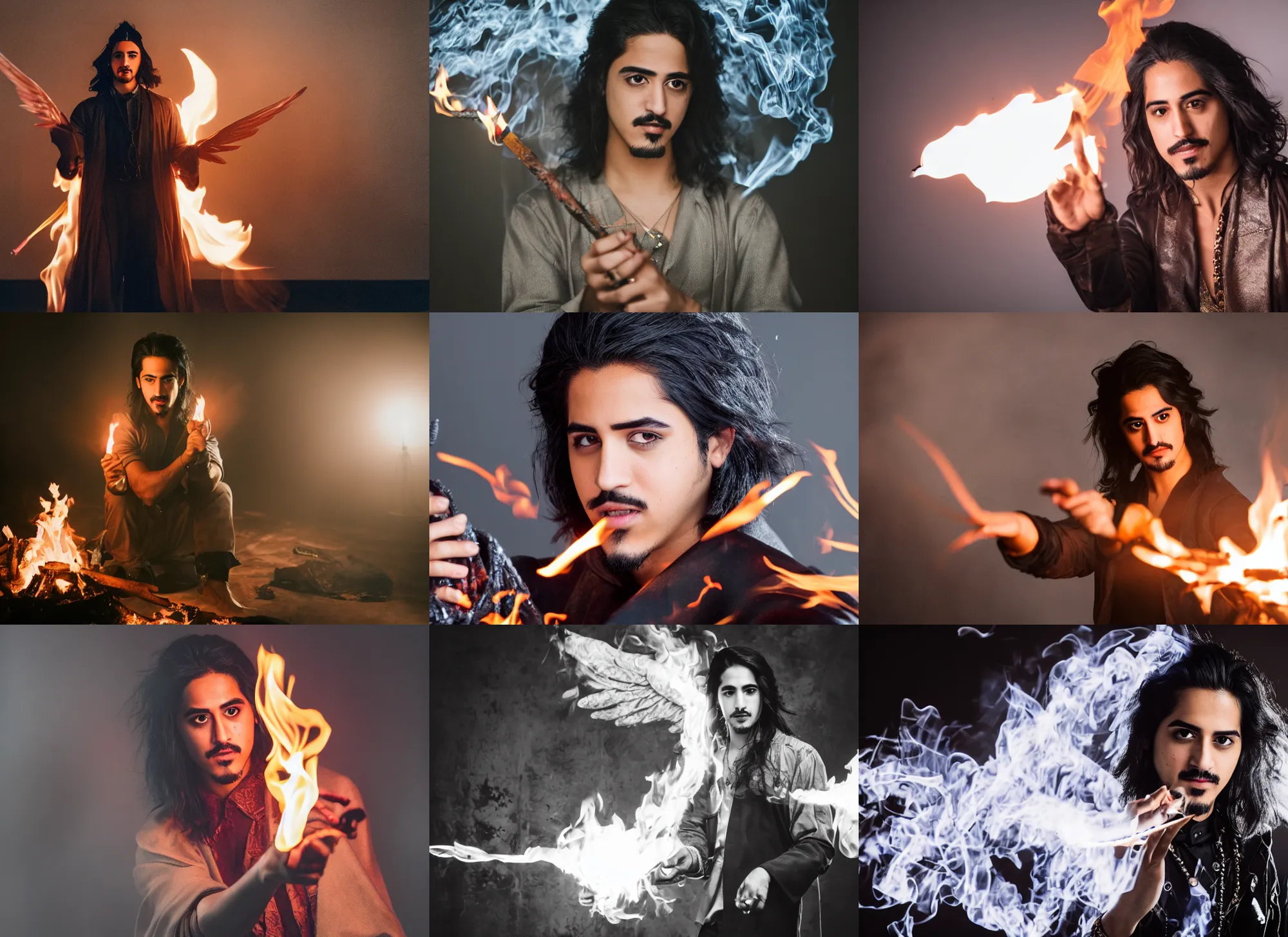 Prompt: photo still of winged avan jogia enchanting a fire spell, 8 k, studio lighting bright ambient lighting key light, 8 5 mm f 1. 8