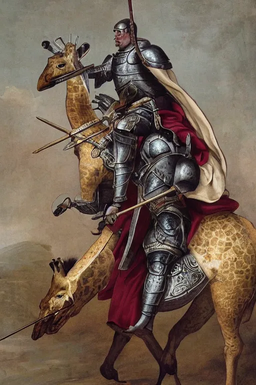 Image similar to a photo of a medieval knight in armor riding a giraffe
