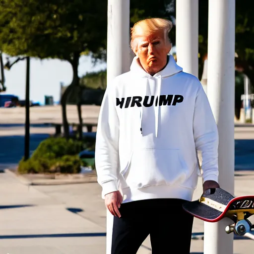 Image similar to cinematic shot of donald trump holding a skateboard, white hoodie, black jeans,