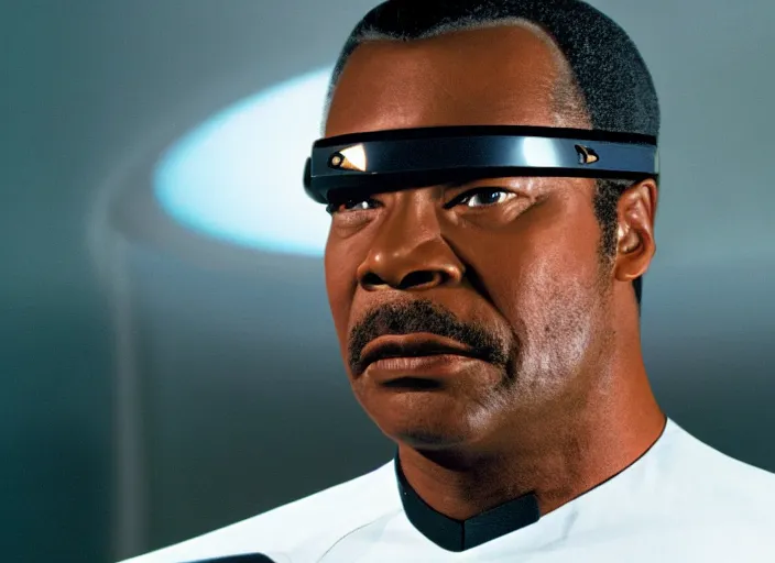 Image similar to Star Trek a hyper realistic ultra realistic photograph of Commander Geordi La Forge wearing his visor, highly detailed, 8k photograph