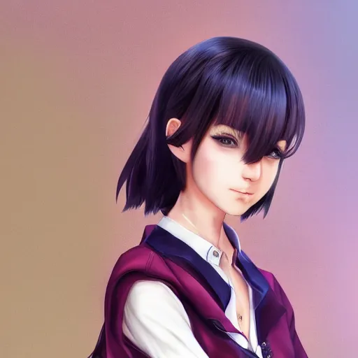 Image similar to luxury advertisement, astonishing portrait of a very beautiful anime schoolgirl with black bob hair, full perfect face, she is dancing. Realistic, highly detailed background, artstation, 120 degree view, drawn by Sasoura, Satchely and Akihiko Yoshida, no distortion