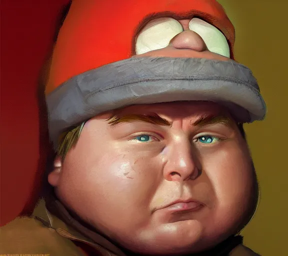 Image similar to a hyper-detailed portrait of Eric Cartman by Craig Mullins; oil on canvas; trending on artstation; 90mm; f/1.4