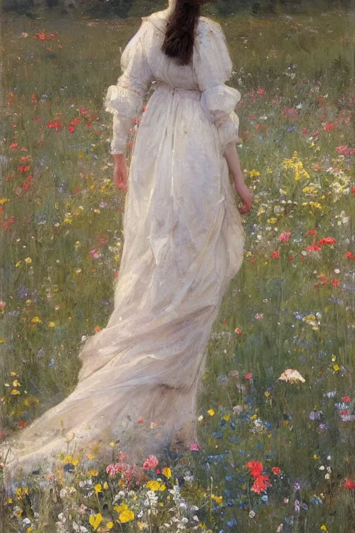 Prompt: Richard Schmid and Jeremy Lipking full length portrait painting of a young beautiful edwardian girl walking through a field of tall flowers