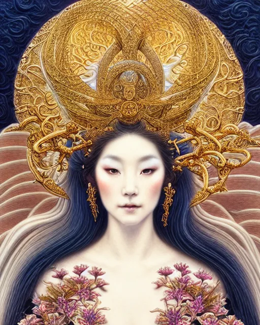 Prompt: portrait of a beautiful goddess of nature, graceful beauty, esoteric, ornamental, nature aesthetics, head in focus, intricate, elegant, highly detailed, painterly, artstation, artistic, concept art, hasselbrad photography, sharp focus, illustrative, art style by chie yoshii