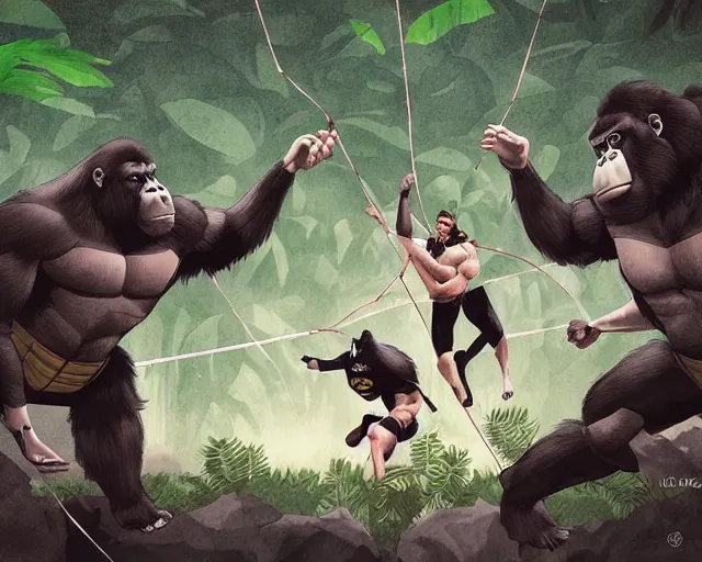 Image similar to gorilla and batman playing volleyball in a jungle with a volleyball, volleyball net, digital illustration, inspired by greg rutkowski and artgerm, high detail